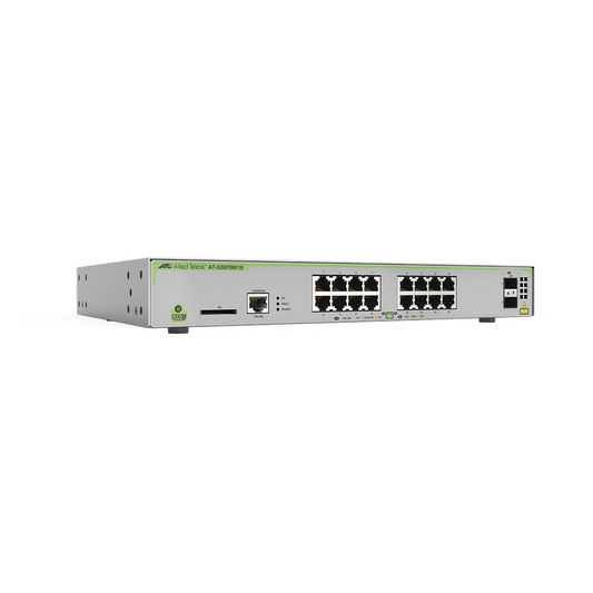 CentreCOM GS970M L3 Managed Switch, 16 x 10/100/1000 Mbps PoE+ ports + 2 x SFP uplink slots, 247 W