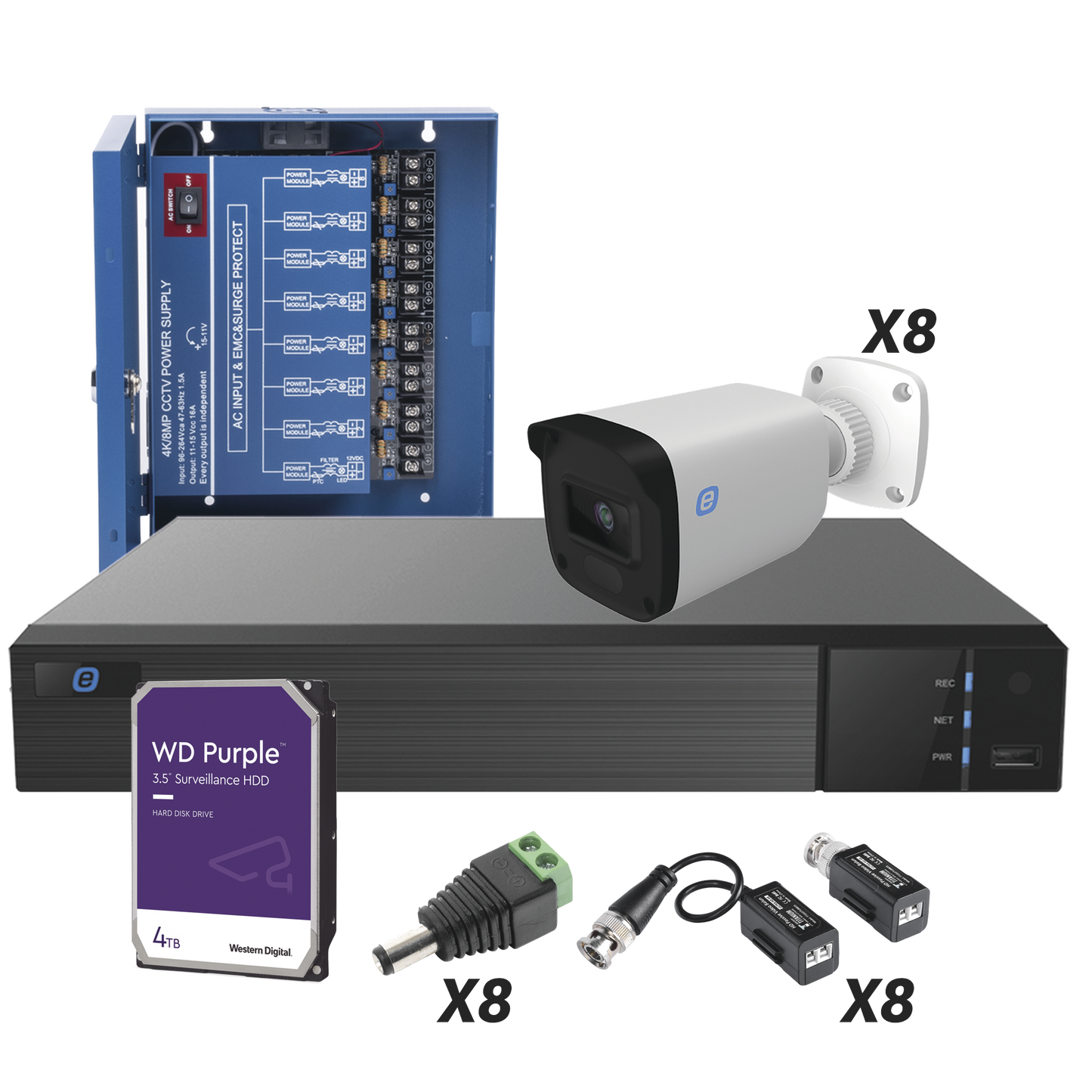 TURBO HD 5MP KIT FULL COLOR / DVR 8 Channels / 8 Bullet Cameras 5MP color 24/7 / HDD / Power Supply / Transceivers / Connectors