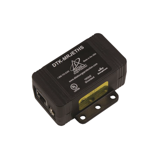Single Channel DTK-MRJETHS Provides IP Surge Protection for Shielded CAT5e, CAT6 and CAT6A Data Lines to Vital Business Equipment Such as Data Networks, POS Terminals and IP Video Cameras