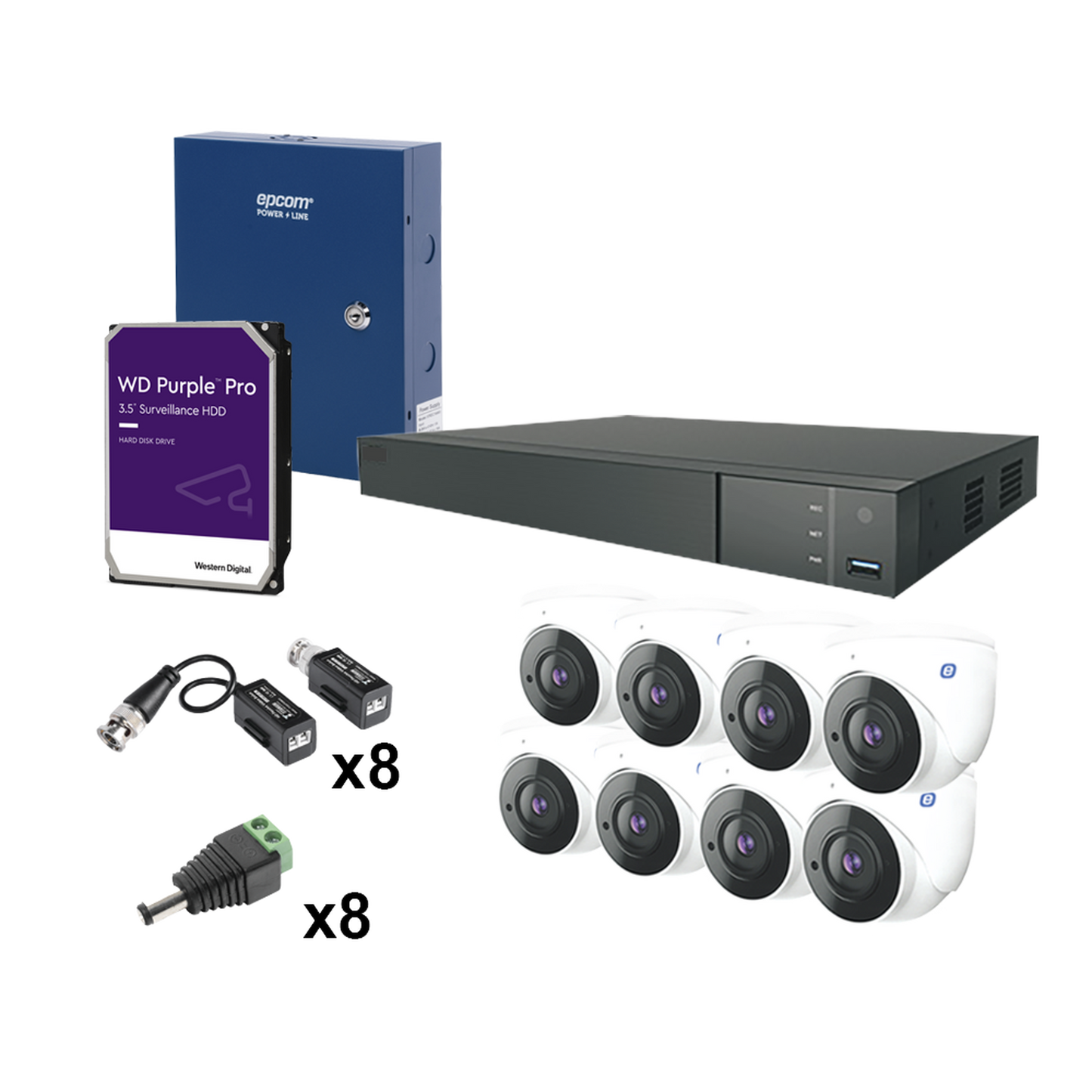 KIT TURBO HD 4K / DVR 8 Channels / 8 Turret Cameras 4K / HDD / Power Supply / Transceivers / Connectors
