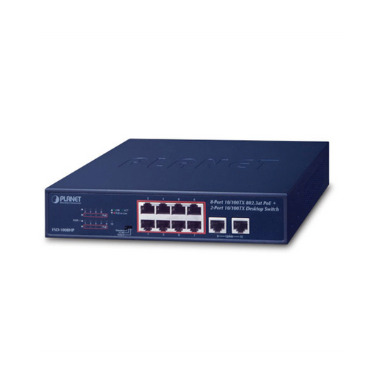 Unmanaged Desktop and Rack Switch, 8 Fast Ethernet PoE 802.3af/at Ports, 2 Uplink Ports, Up to 250m in Extended Mode