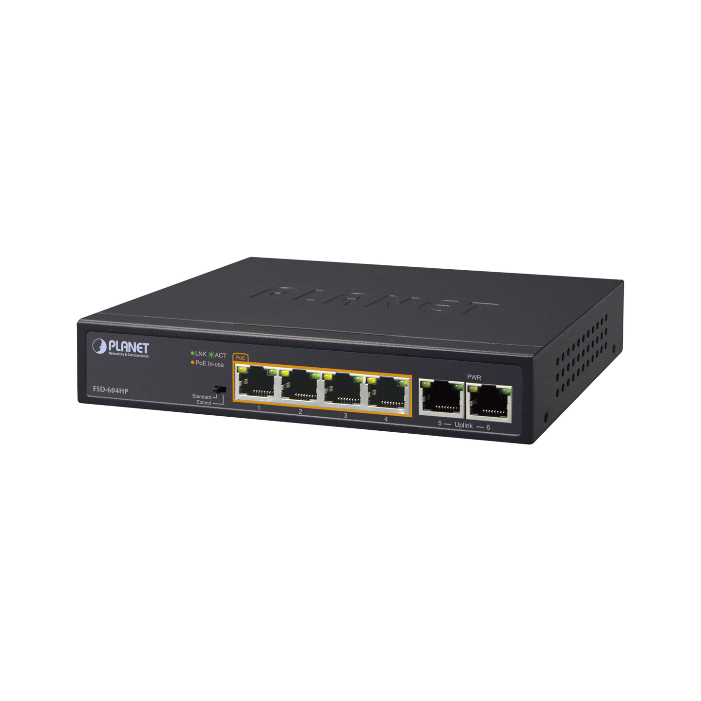 Switch PoE+ 802.3af/at Distance of 250 m 4 Ports + 2 Ports 10/100 of Uplink Internal Power Supply