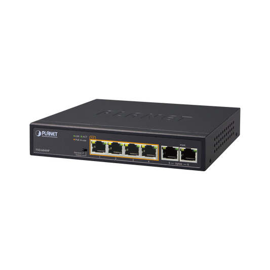 Switch PoE+ 802.3af/at Distance of 250 m 4 Ports + 2 Ports 10/100 of Uplink Internal Power Supply