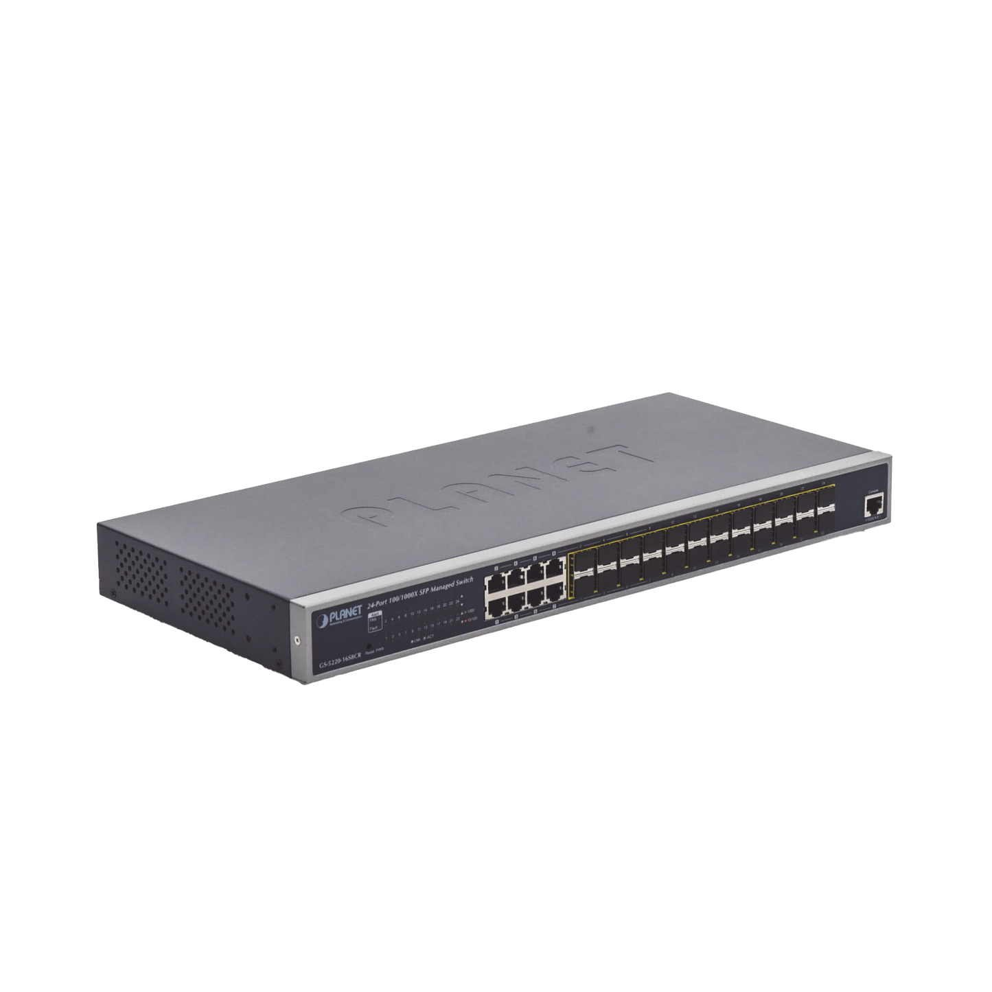 Layer 2 Managed Switch with Redundant Power Supply, 24 Gigabit 100 / 1000X SFP ports, 8 Gigabit RJ45 Combo Ports.