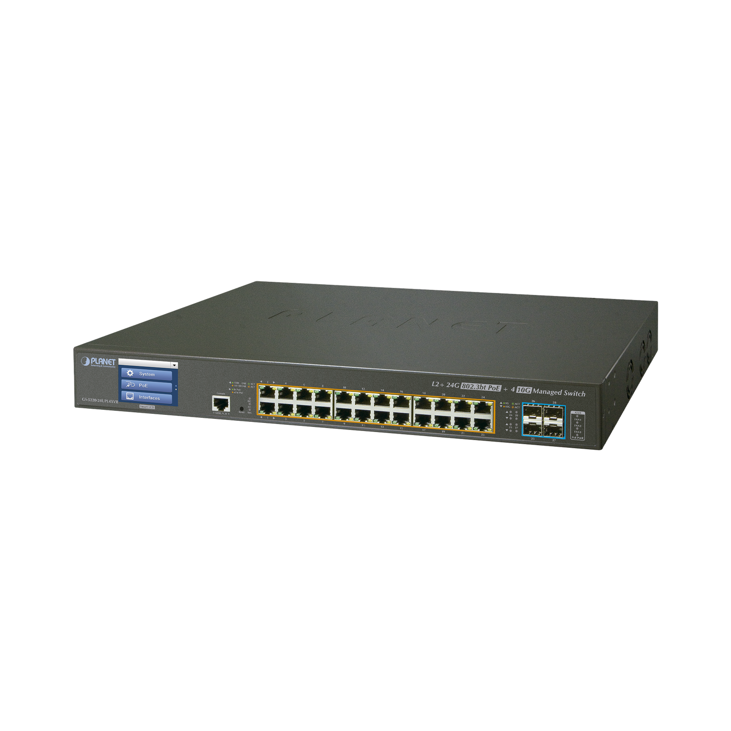 Switch Managed L2+, 24 ports Gigabit PoE 802.3bt, 4 ports 10G SFP+, Touch Screen, (600W)