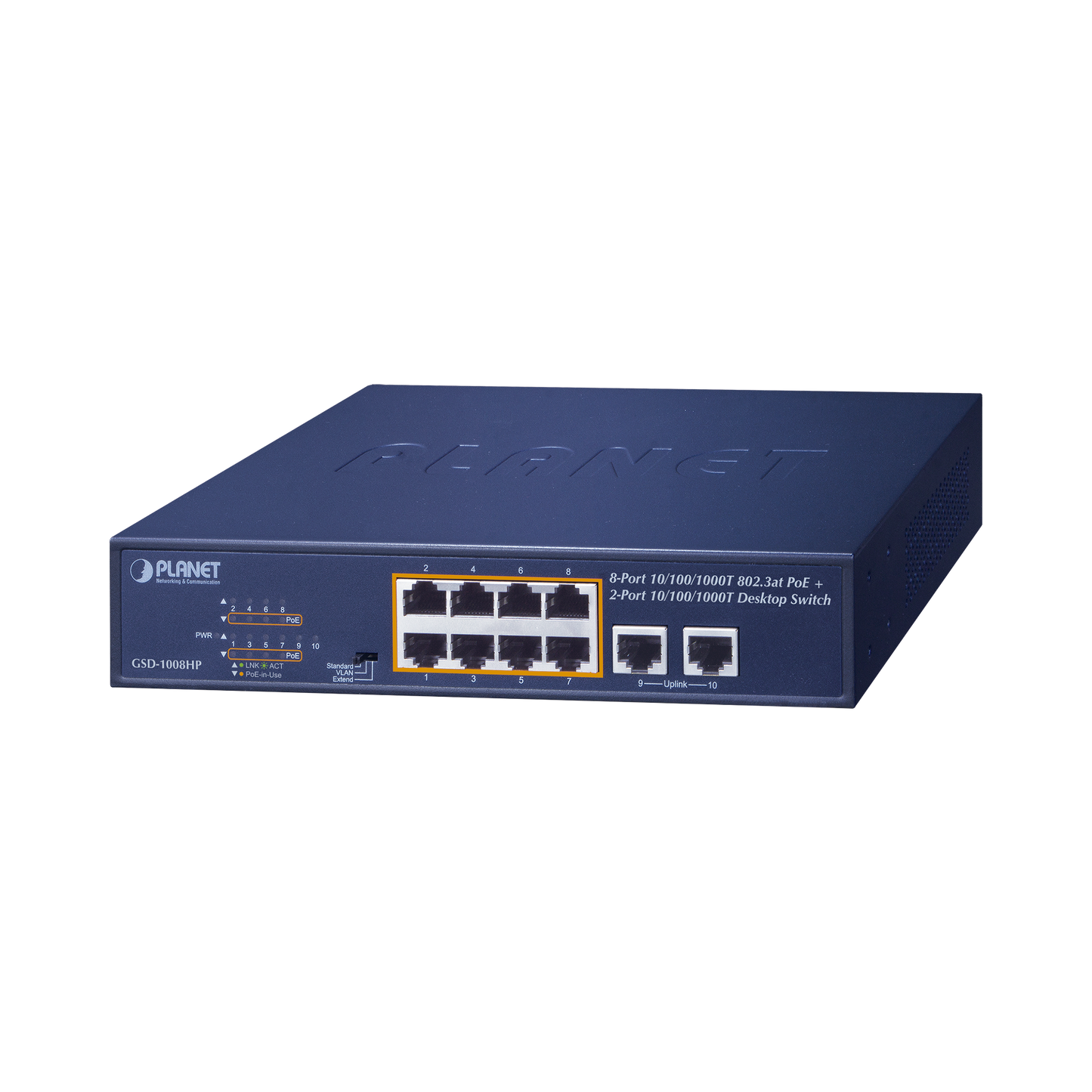 Non-manageable PoE switch with 8 ports 10/100/1000 Mbps with PoE 802.3af / at