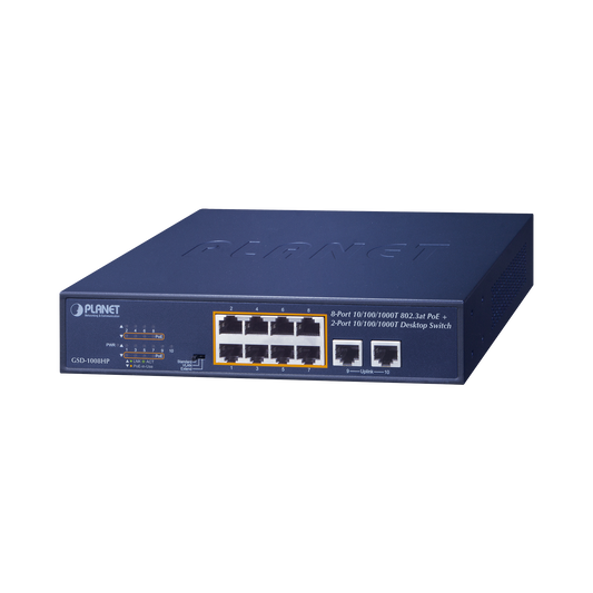 Non-manageable PoE switch with 8 ports 10/100/1000 Mbps with PoE 802.3af / at