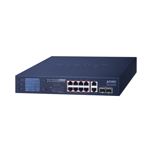 Non-Managed Switch with LCD Monitor 8 Ports 10/100/1000 Mbps with PoE, 2 Ports Uplink 10/100/1000 Mbps, 2 SFP Ports