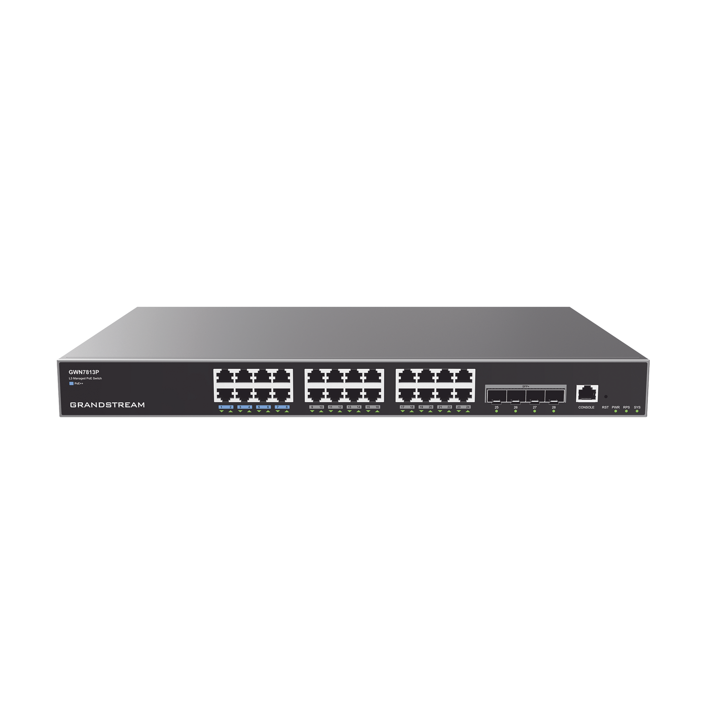 Managed Gigabit PoE+ Switch / 24 ports 10/100/1000 Mbps + 4 SFP Uplink Ports / Up to 360W / Compatible with GWN Cloud.