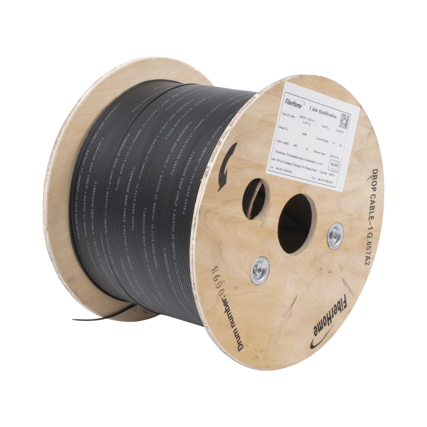 1 Kilometer Drum Drop Fiber Cable, 1 Core, Indoor/Outdoor G.657A2 single-mode of 1 wire (unifiber), Dielectric, Black Jacket