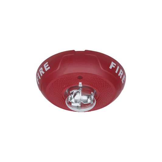 Red, two-wire, ceiling-mount horn strobe with selectable strobe settings, new modern and elegant design and minor current consumption