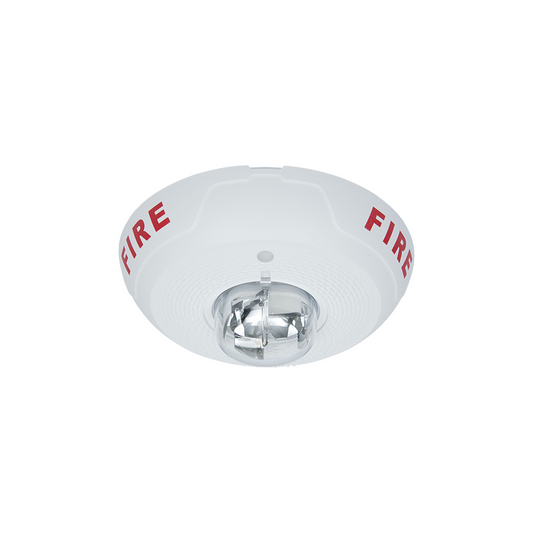 White two-wire, ceiling-mount horn strobe with selectable strobe settings, new modern and elegant design and minor current consumption