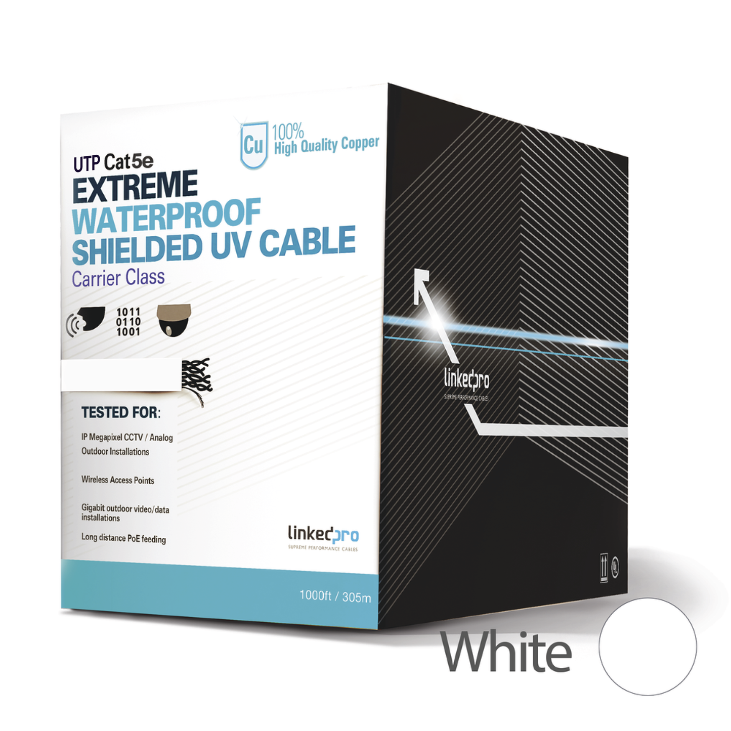 Cat5e 1000 ft, Outdoor, UV shielded , White color, for Video Surveillance and Data Networks.