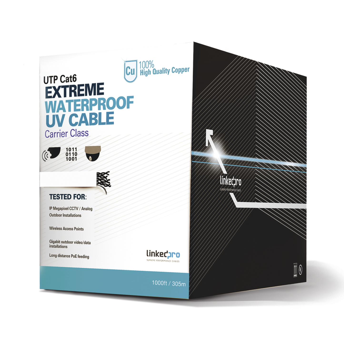 Cat6 UTP cable for outdoor, white, 1000 ft (305 m), for video surveillance applications, data networks.