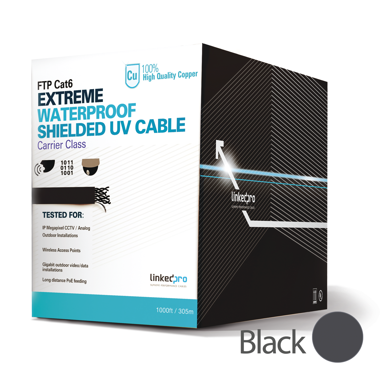 Cat6 UTP cable for outdoor, black, 1000 ft (305 m), unshielded, for video surveillance applications, data networks.