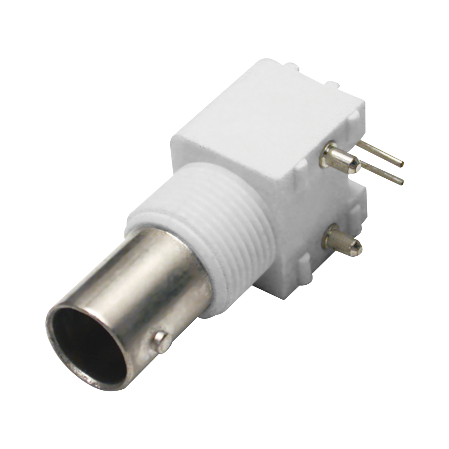 BNC Female Connector, Right Angle, PCB Mount with Posts, Legs, White Thermoplastic Body, Nickel/ Gold/ Polypropylene.