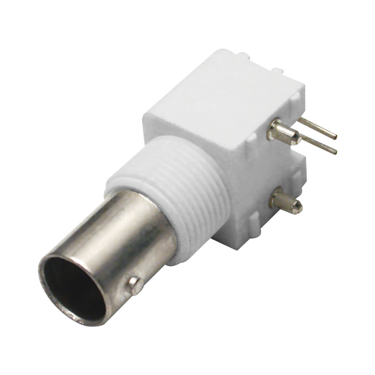 BNC Female Connector, Right Angle, PCB Mount with Posts, Legs, White Thermoplastic Body, Nickel/ Gold/ Polypropylene.