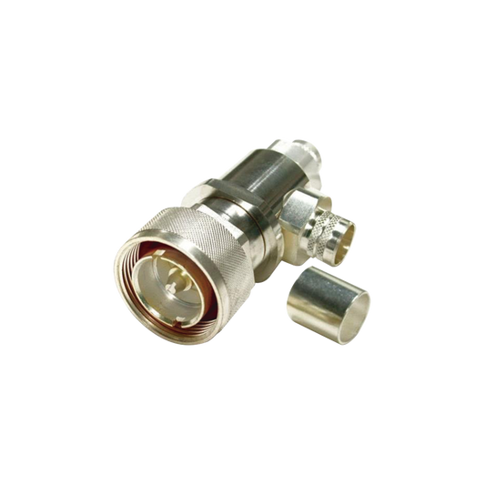 7-16DIN Male Plug, COMBO Straight or Right Angle to Crimp on LMR-600, Silver/ Silver/ PTFE.