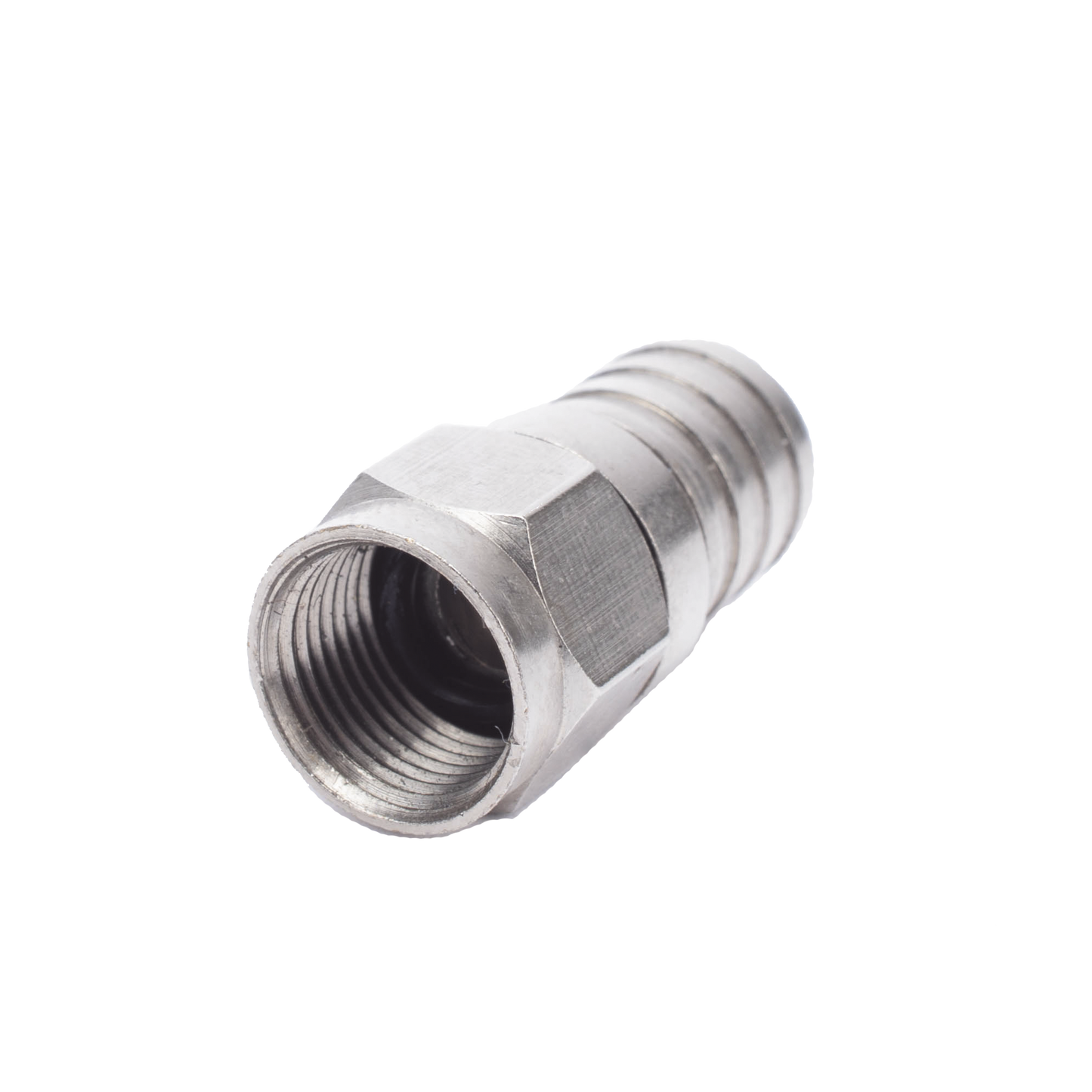 F Male Connector, 75 Ohm, to Crimp on RG-6/U cable, no pin, Nickel/Polyethylene.