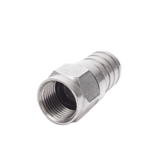 F Male Connector, 75 Ohm, to Crimp on RG-6/U cable, no pin, Nickel/Polyethylene.