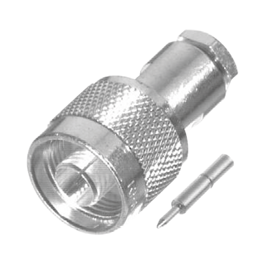 N Male Connector, Clamp for LMR-200, Cable >Group C2, Silver/ Gold/ PTFE.