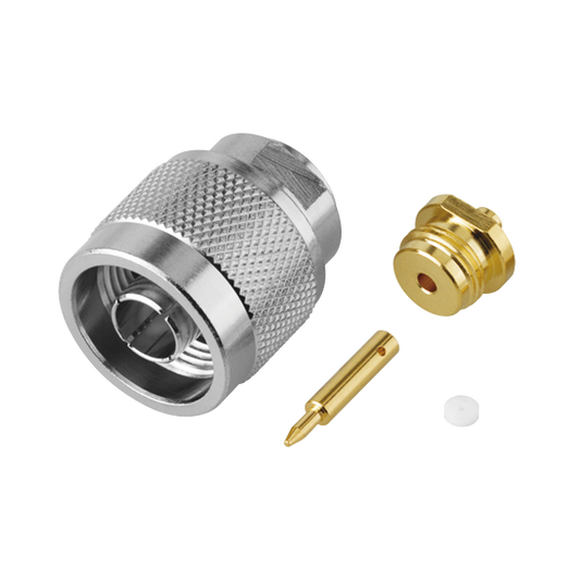 N Male Connector, Direct Solder on Semi-Rigid 0.085", Cable Group SR1, Nickel/ Gold/ PTFE.