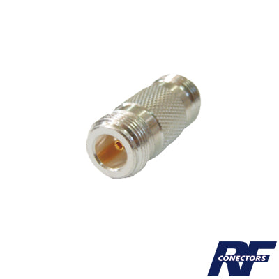 50 Ohm Straight Barrel Adapter, from N Female to N Female Connector, Silver/ Gold/ PTFE.