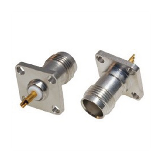 TNC Female for Chassis, 4 Hole Flange Mount With Solder Cup, White Bronze/ Gold/ PTFE.