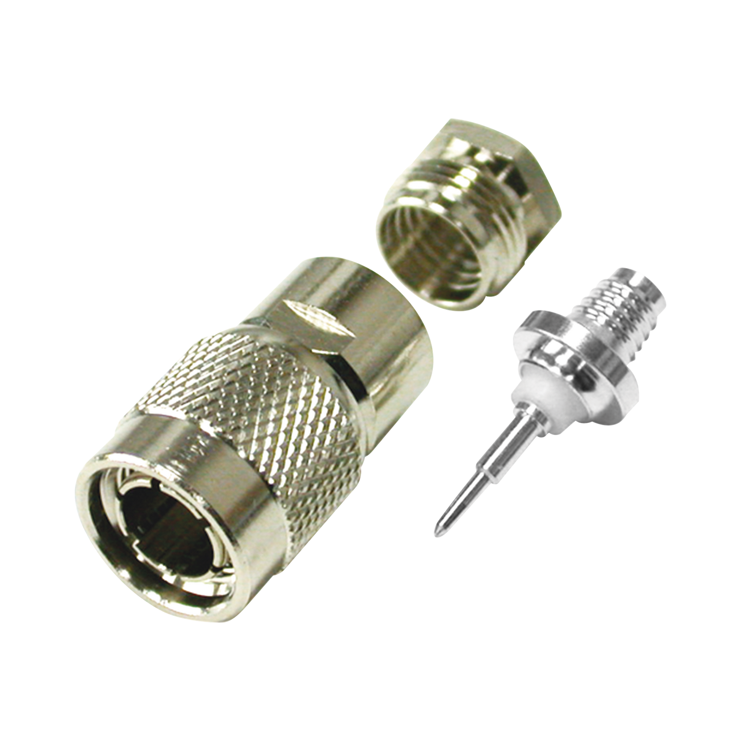 TNC Straight Male Connector to Clamp on RG-59/U and Group D 75 Ohm Nickel/ Silver/ PTFE.