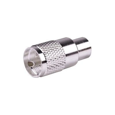 UHF Male Connector (PL-259) for RG-8/U, 8237, RG-8U-SYS, 8267, 8268, 9913, RFLASH-1113, 8214, CTN-400, LMR-400 cables, Silver (Nickel on Shell)/ Silver/  D.A.P. (Mineral and Synthetic Fiber).