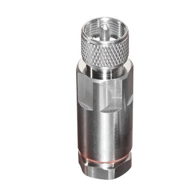UHF Male Connector (PL-259) by RF Industries for 1/2" HELIAX Cable LDF4-50A, White Bronze/ Silver/ PTFE.