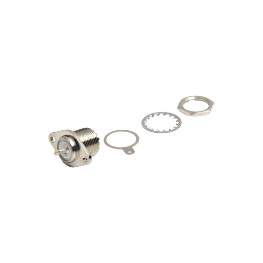 UHF Female Connector (SO-239-2H) Two Hole Flange with Solder Cup, Nickel/ Silver/  PBT.