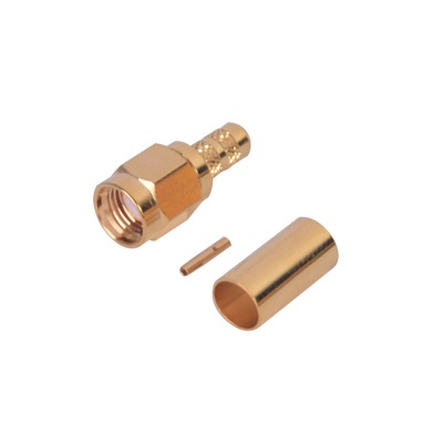 Reverse Polarity SMA Male connector to crimp on RG-142/U cable, Gold/Gold/PTFE.