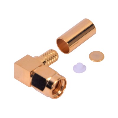 Right Angle Reverse Polarity SMA Male Connector to Crimp on RG-58/U, RG-142/U Cables, Gold/ Gold/ PTFE.