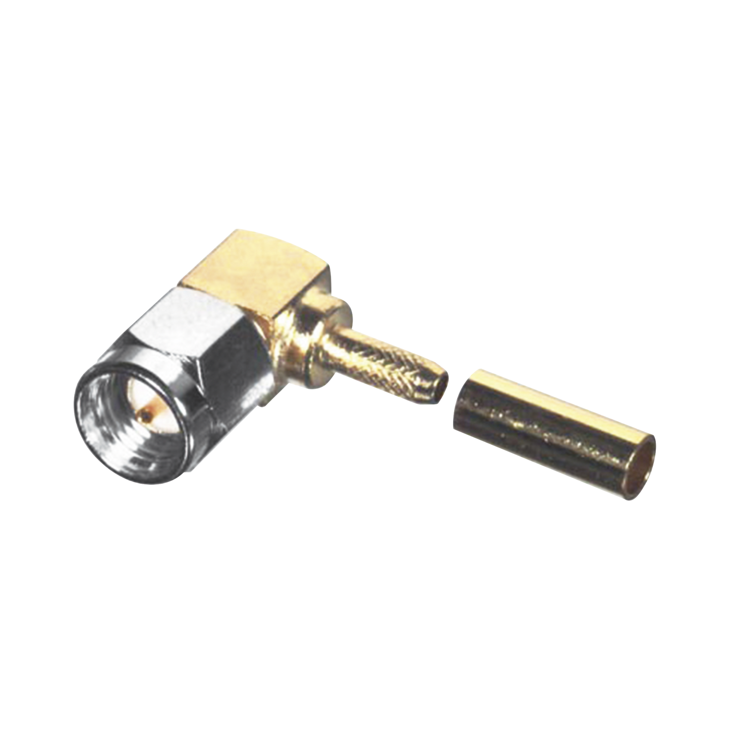 Right Angle SMA Male Connector to Crimp RG-174/U, Cable Group B, Coupling Nut Stainless Steel, Gold/ Gold/ PTFE.