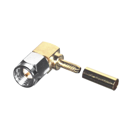 Right Angle SMA Male Connector to Crimp RG-174/U, Cable Group B, Coupling Nut Stainless Steel, Gold/ Gold/ PTFE.