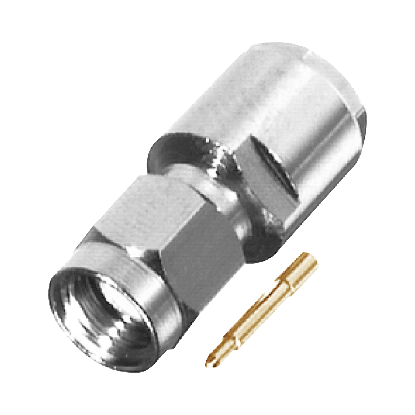 SMA Male Connector to Clamp on RG-58/U, LMR-195, Cable Group C, Nickel/ Gold/ PTFE.