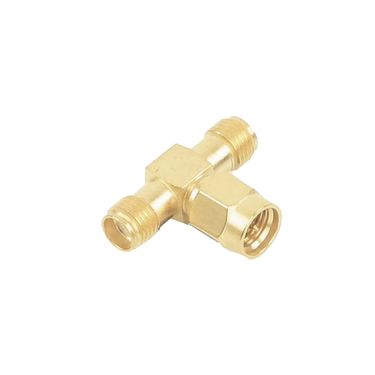 Adapter in T, from a Single SMA Male to Double SMA Female Connectors, Gold/ Gold/ PTFE.