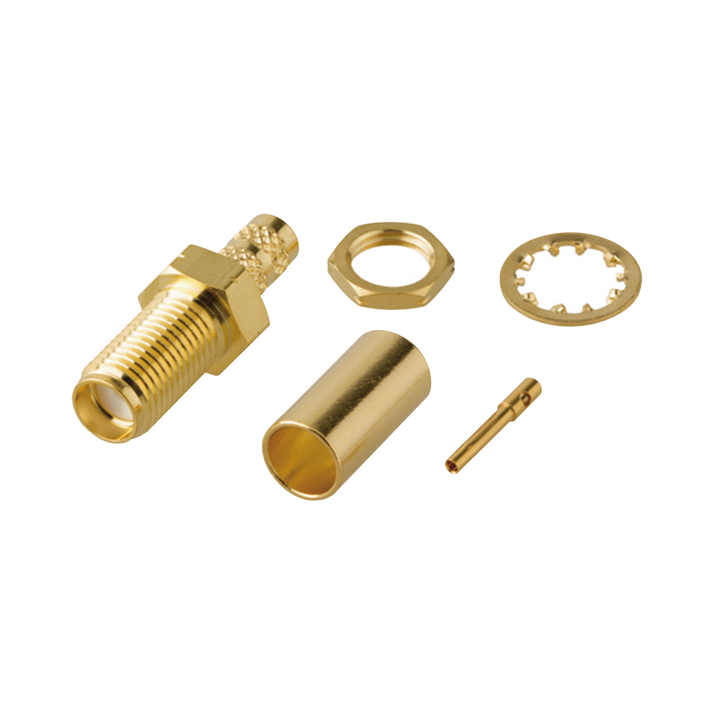 Bulkhead SMA Female Connector Reverse Thread to Crimp on Cable LMR-195 and Group C, Gold/ Gold/ PTFE.
