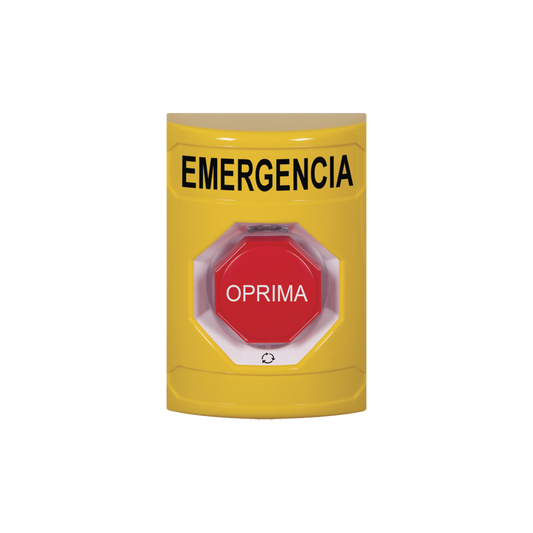 Emergency Button in Spanish, Yellow Color, Hold Action, Rotate to Reset, Multi-color LED
