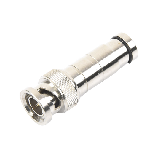 75 Ohm Axial Compression BNC Male Connector for RG-59/U Coaxial Cable, Nickel/ Gold/ PTFE.