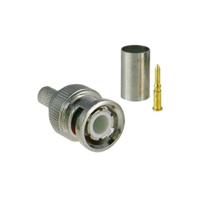 75 Ohm BNC Male Connector in 3 Pieces, Straight to crimp RG-59/U coaxial cable, Nickel/ Gold/ PTFE.