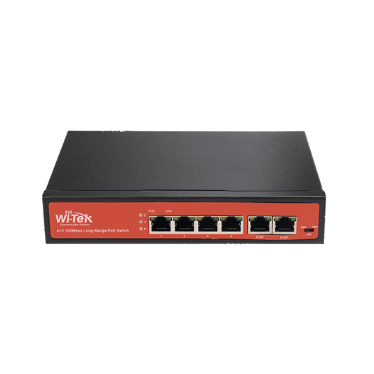 Switch with 4 PoE ports 10/100 up to 250m and 2 uplink ports 10/100, supports 1 port with Hi-PoE