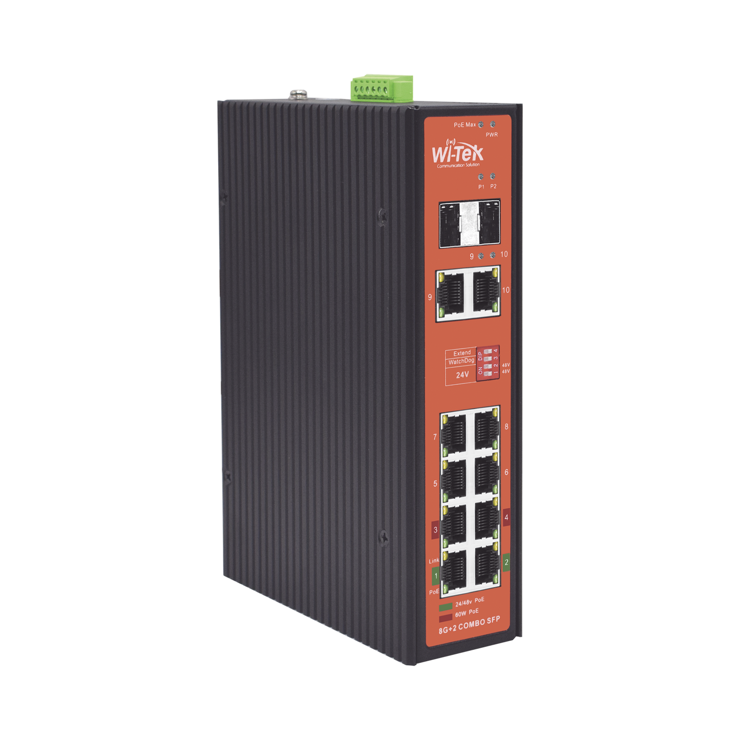 Industrial Switch PoE ++ and passive 24V, unmanageable with 8 Gigabit ports + 2 SFP combo